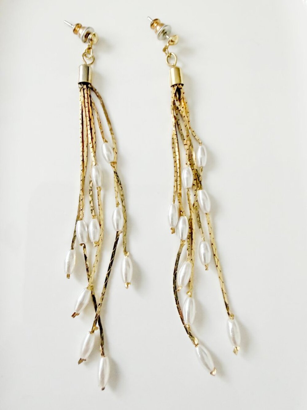 Vintage Gold Tone Waterfall Tassel Dangle Earrings with Faux Pearls